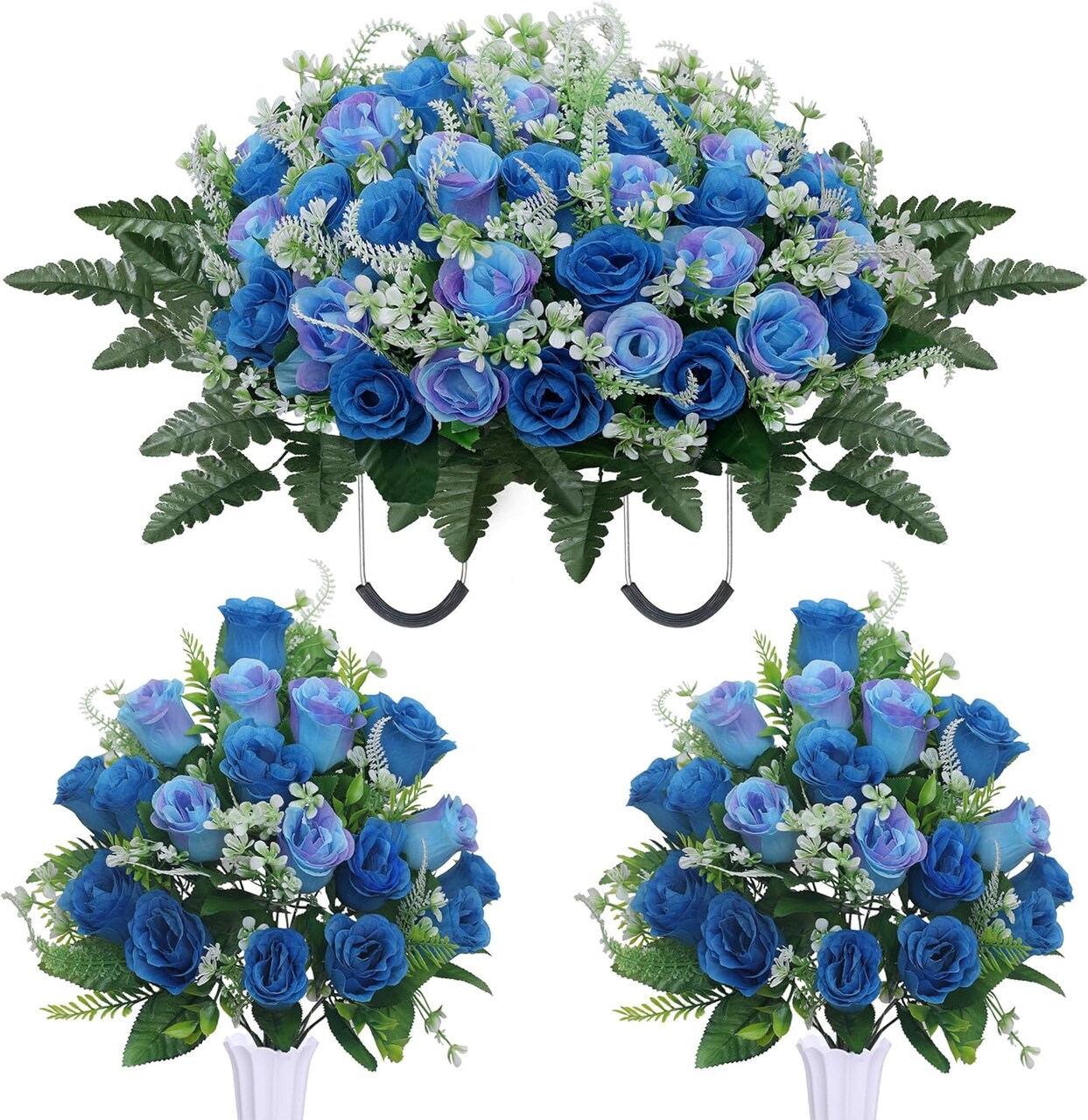 3pcs Headstone Flower Saddles for Tombstone – Cemetery Memorial Bouquets with Vase, Artificial Rose Headstone Flowers Saddle (Blue)